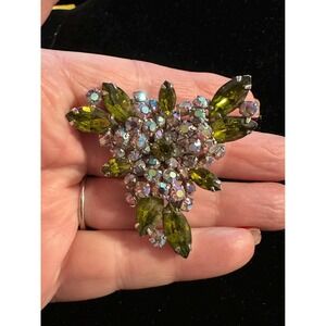1960's Sherman signed Rhinestone Brooch Green & AB